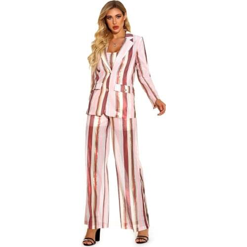 Sequin Striped Blazer Set Fashion Glitter Sparkly Coat Bandeau Top Wide Leg Flare Pants Suit 3 Piece Set Outfit