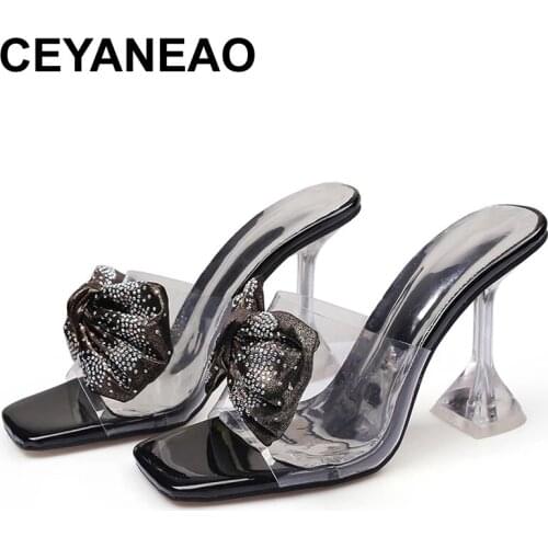 CEYANEAO 2021Womens Bow Fashion Pumps Open-toed Women Slippers Square Toe Sandals Bling Party Shoes High Heels Dropshipping