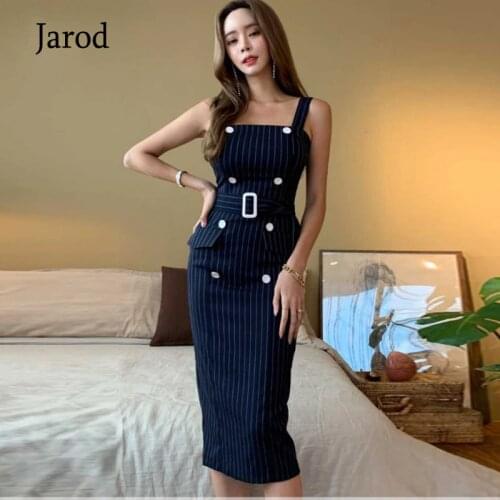 Double-breasted Belted Sheath Pencil Dress Women 2020 Summer stripe Dresses OL Business Work Wear To Office Vestidos