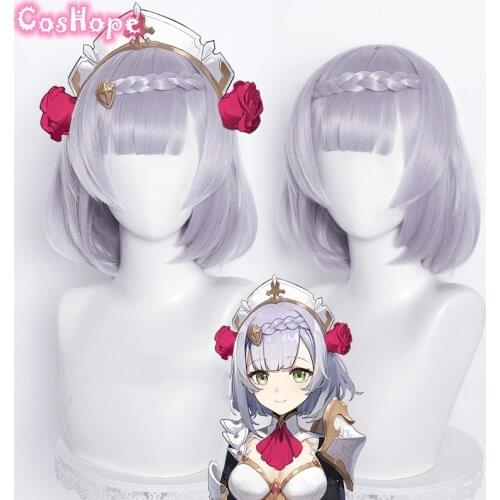 Genshin Impact Noelle Cosplay 35cm Braid Wig Short Silver Purple Wig Cosplay Anime Wigs Heat Resistant Synthetic Wigs Halloween