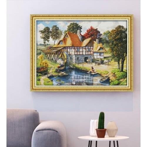 HUACAN Cross Stitch House Scenery DIY Gift Home Decoration Sets White Canvas Embroidery Lake Tree Needlework 11CT 14CT
