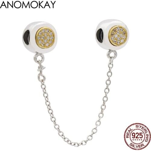 Anomokay Classic Gold Tone Round Clasp Silver Safery Chain fit Bracelets & Bangles 925 Silver Safety Link Set with Crystal