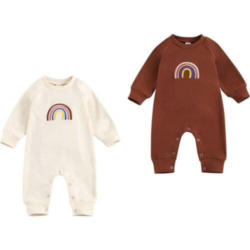 FOCUSNORM Newborn Baby Girls Boys Rainbow Rompers 0-18M Long Sleeve Lovely Cotton Autumn Jumpsuits 2 Colors Outfits