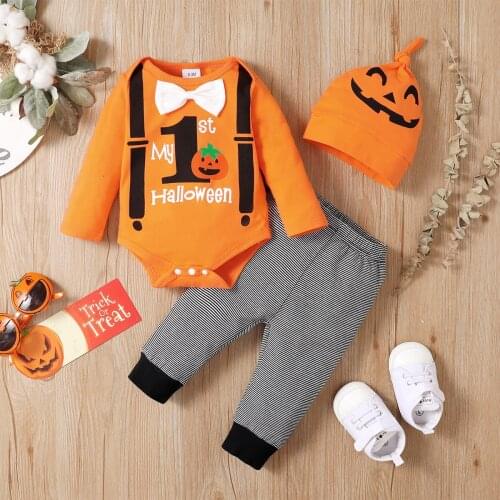 PatPat Halloween 3pcs Letter and Pumpkin Print Bowknot Baby Romper Set