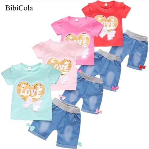 2021 Kids Girls Clothes Set Summer Baby Girls Short Sleeve T-shirt + Jeans Shorts Hot Pants Outfits 2pc Baby Clothing