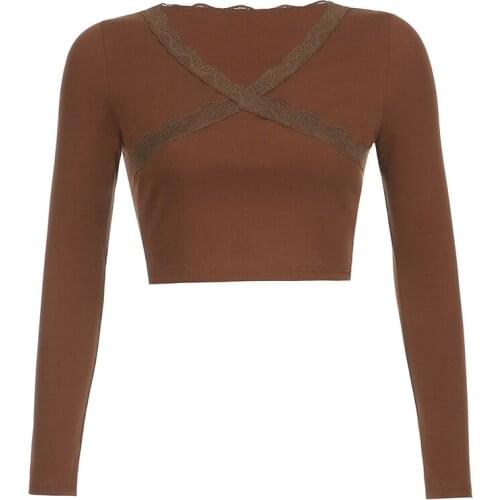 Brown Y2K Knitwear Long Sleeve Pullovers Lace Patched Crop Top V Neck Korean Style Tshirt Women Casual Top Autumn 90S