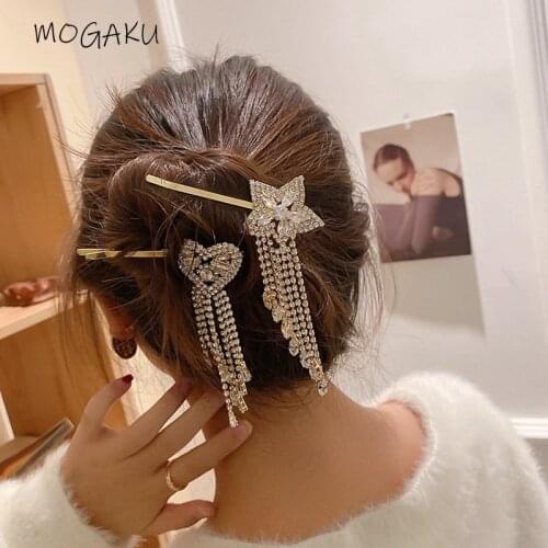 MOGAKU Korean Style Long Tassel Barrettes for Women Fashion Crystal Side Hair Clips Girls Shiny Heart Hair Grips Party Jewelry