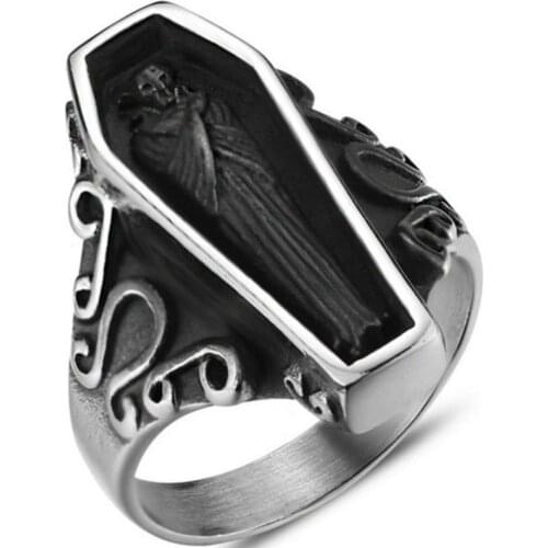 Mens Goth Punk Vintage Engraving High Quality Floral Pattern Vampire Coffin Ring Finger Ring Clothing Jewelry Accessories