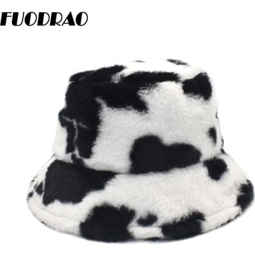 FUODRAO New Winter Cow Bucket Hat Women Faux Fur Girl Hat Fashion Warm Panama Outdoor Fisherman Cap Men 3Colors M135