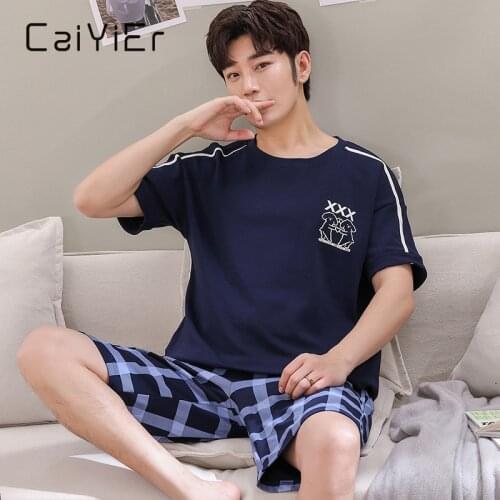 CAIYIER New Summer mens pajamas Short Sleeve Shorts Cartoon Print Sleepwear Casual Striped Pyjamas Suit men cute nightwear L-3XL