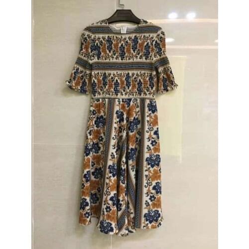 Boho Dress 2021 Summer High Quality Clothing Women O-Neck Elastic Chest Short Sleeve Mid-Calf Length Casual Linen Dress Ladies
