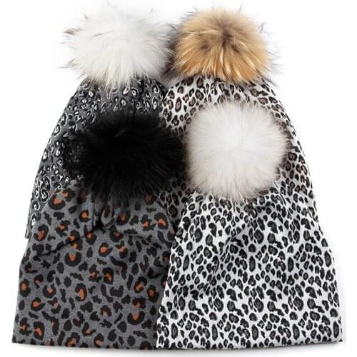 New Women Hip Hop Fashion Leopard Print Warm Caps Dot Spring Baggy Beanies Skullies Hats With 15cm Natural Raccoon Fur Pompom