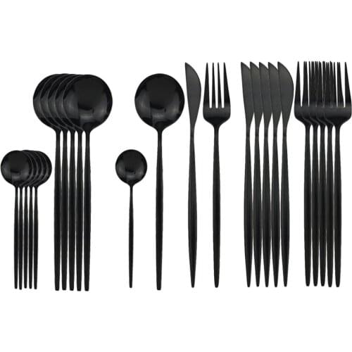 Black Cutlery Set 18/10 Stainless Steel Dinnerware Set 6Pcs/24Pcs Tableware Set Knife Fork Spoon Dinner Set Kitchen Silverware