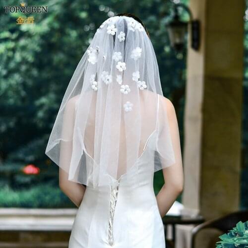 TOPQUEEN V46 Wedding Veil with Flower Bride Veils for Mass Short Bridal Veil for Bachelorette Party 3d Flowers Wedding Veil
