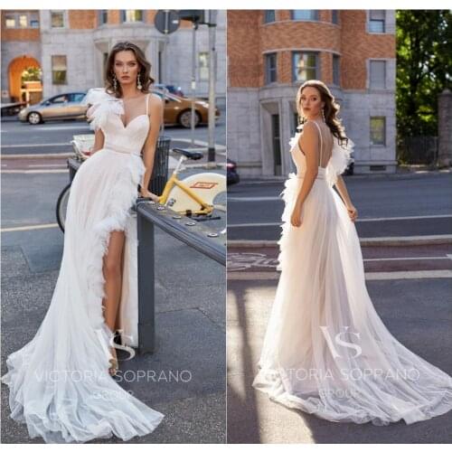 High Split Wedding Dresses 2020 Ruffles A Line Spaghetti Boho Wedding Dress Sweep Train Backless Bohemian Bridal Robes De Mariée