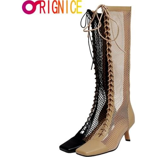 Orignice Sexy Women Square Toe Summer Knee High Boots New Hot Hollow Out Gladiator Sandals Brand Party Designer Lace Up Shoes
