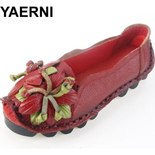 YAERNI New Autumn Flowers Handmade Shoes Womens Floral Soft Flat Bottom Shoes Casual Folk Style Women Genuine Leather Shoes