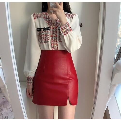 VSUE Tweed Pocket Women Vintage Plaid Shirts 2021 Spring-Autumn Chic Ladies Streetwear Loose Shirt Elegant Female B3013