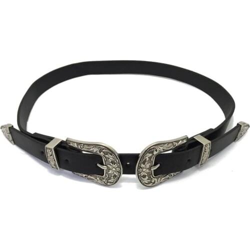 Women Belt Vintage Faux Leather Two Buckles Waist Band for Jeans Dress Pants