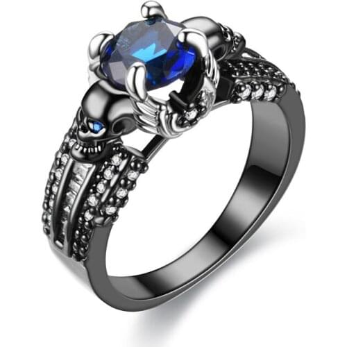 Skull Punk black Ring Women Black Round Red Blue Green Cubic Zirconia Wedding Ring Jewelry Dropshipping