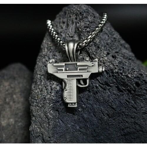 Uzi submachine gun Pure tin personality pendant necklace mens retro style hot sale sweater chain necklaces for women