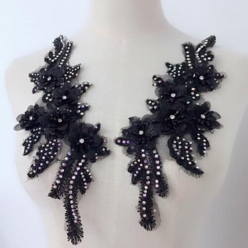 1 Pair Exquisite Colored Rhinestones Lace Applique Black Embroidered 3D Flowers Beaded Pearl Lace Applique For Sewing Supplies
