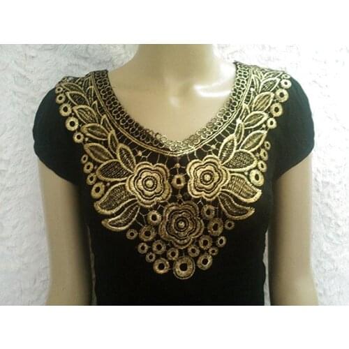 2 Piece/Lot Bronzing Gold Color Embroidered Lace Trim Collar Flower Patch Stickers DIY Clothing Accessories Collar Fabric