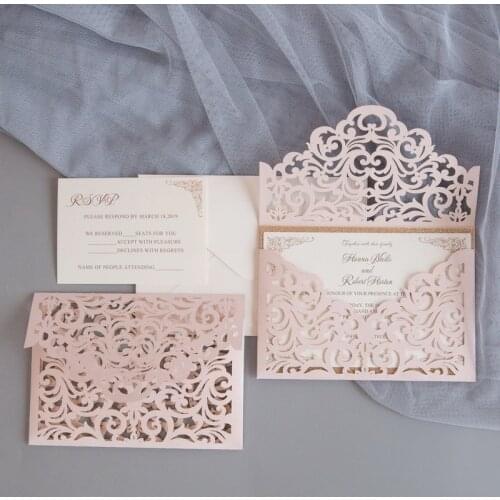 50 pieces/lot) Laser Cut Pink Pocket Wedding Invitation Card Personalize Print Birthday Engagement Party Invite RSVP Card IC145