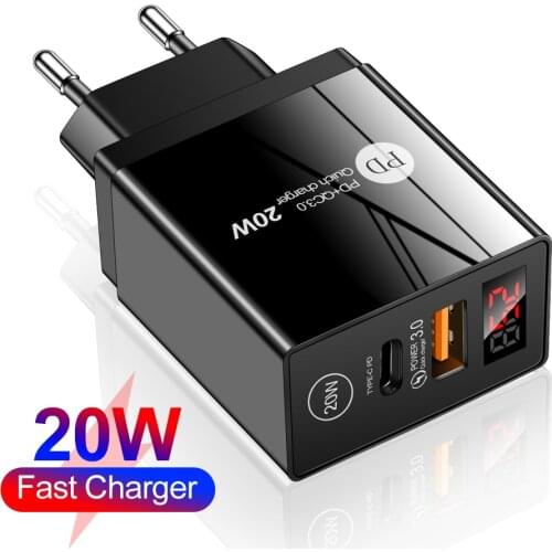 Dual Port 20W Fast Charger Smart LED Digital Display Fast Charge Charging Head PC Fireproof Material For Apple Samsung Huawei