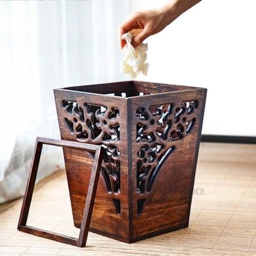Chinese Creative Trash Can Bathroom Large Wooden Paper Basket Living Room Kitchen Tea Room Household Solid Wood Trash