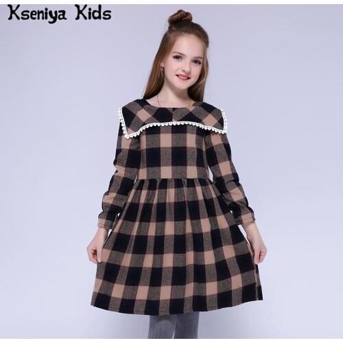 Kseniya Kids Children Girls Dresses Long Sleeve Winter Cotton European And American Style Sailor Collar Plaid Lace Party Dresses