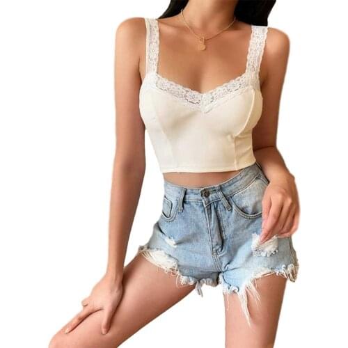 Summer Girls Sexy Midriff-baring V Neck Camisole Ladies Fashionable Solid Color Lace Splicing V-neck Backless Tank Top