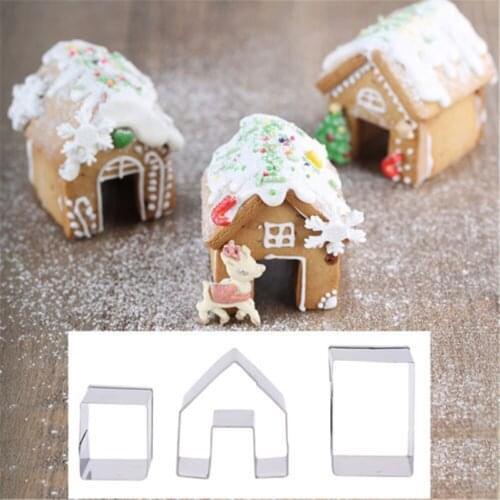 3Pcs 3D Mini House Scenery Christmas Cookie Cutter Set Cookie Biscuit Mold Steel Gingerbread House Fondant Cutter Baking Tool