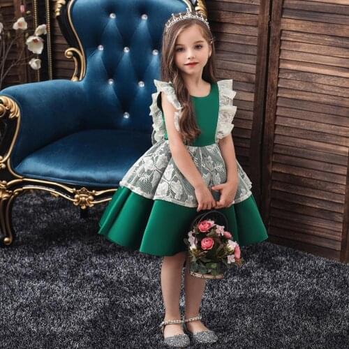 2020 New Maid Costume Ball Gown Embroidery Lace Kids Evening Party Dress for Wedding Green Flower Girl Dress