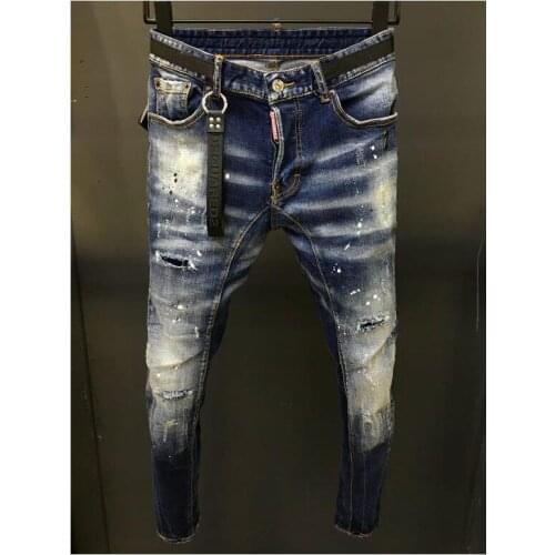 New Mens Skinny Jeans With Ripped Holes And elastic Paint Spray Blue Stitching Beggar Pants A215
