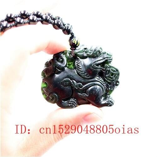 Natural Black Green Chinese Jade Dragon Pendant Beads Necklace Charm Jewelry Obsidian Accessories Carved Amulet Gifts for Men