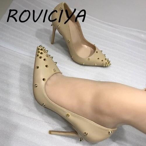 Sexy Pumps Women Shoes Classics 12cm High Heel Shoes Rivets Pointed Toe Fashion Women Party Wedding Shoes Apricot MD023 ROVICIYA