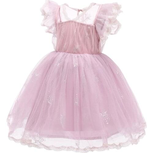 Kids Toddler Baby Girls Dress, Solid Color V-Neck Fly Sleeve Princess Lace Dress One-Piece for Girls, Dusty Pink Vestidos