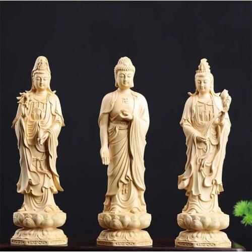 Boxwood 20/30cm West Three Buddha Sculpture Wood Sakyamuni Guanyin Statue Worship Home Decor