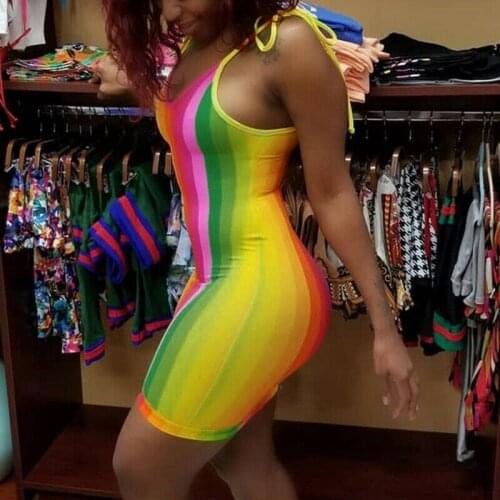 Sexy Women Fashion Mini Dress Strappy Ladies Bandage Rainbow Color Stripe Skinny Dress Clubwear