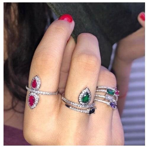 Silver color tear drop green white red cubic zirconia high qualiity fashion gorgeous women finger ring jewelry