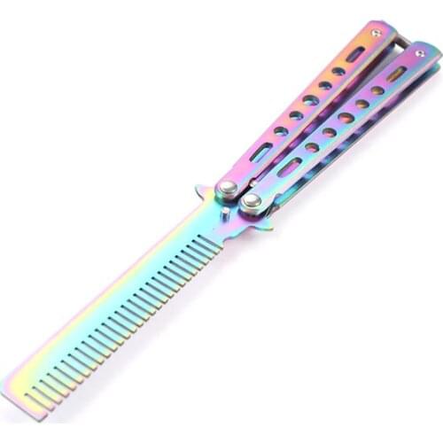 Stainless Steel Foldable Comb Training Butterfly Knife Comb Beard Moustache Brushes Hairdressing Styling Tool