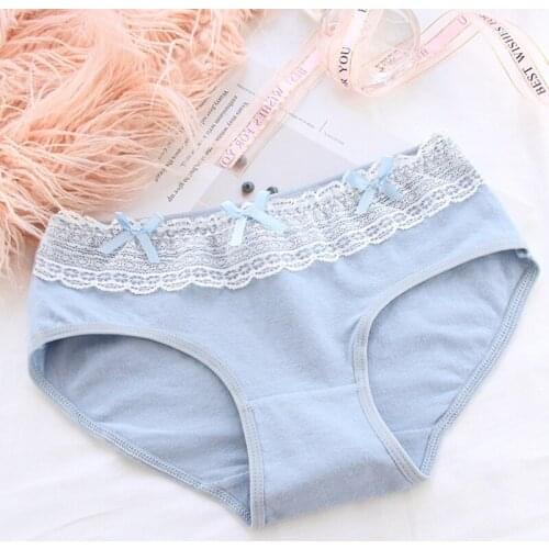 Women Sweet Lace Bow Panties Cotton Solid Color Underwear Cute Girl Briefs Middle Waist Panties