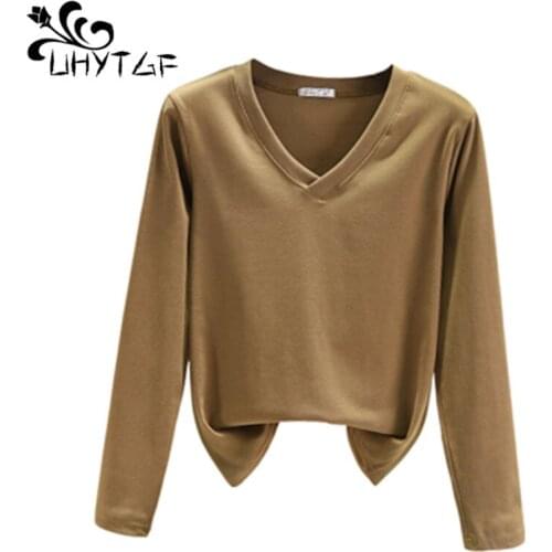 UHYTGF female T-shirt Long-sleeved V-neck vintage autumn Winter t shirt women solid color pullover thin plus size top womens 630