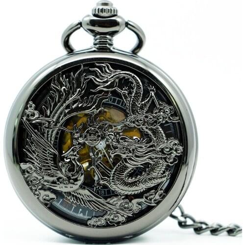 Vintage Classic Skeleton Pocket Watches Alloy Chinese Flying Dragon&Phoenix Hand Wind Mechanical Pocket Watches with FOB Chain