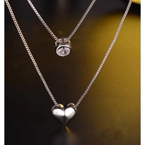 Top Quality Double layer heart CZ Pendant Necklace 925 sterling silver Trendy English Summer Style Jewelry Accessory