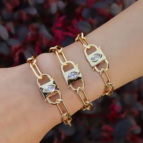 Cubic Zirconia Pave Evil Eye Padlock Bracelet for Women Plated Copper Adjustable Curb Link Chain Lock Punk Jewelry Gift