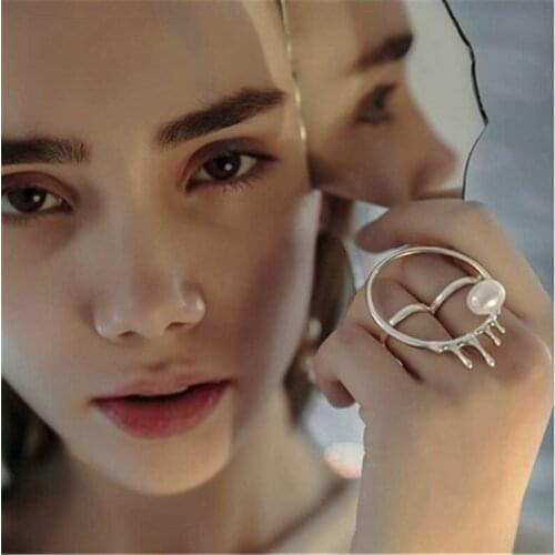 Korea New 2020 Metal Lava Water Drop Irregular Pearl Exaggerated Opening Ring Adjustable for Women Girl Party Gift Jewelry