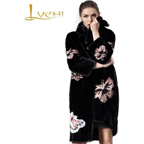 LVCHI Winter 2019 Mink Fur Coat Womens Embroidery Coat Full Pelt Print butterfly Real Natural Fur X-Long Causal Slim Mink Coats