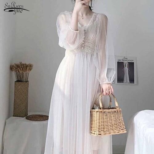 2021 Elegant Button A-Line Cute Vestido Women Chiffon White Plus Size Dress Solid Puff Sleeve Empire V-Neck Lace Voile Mesh 8126